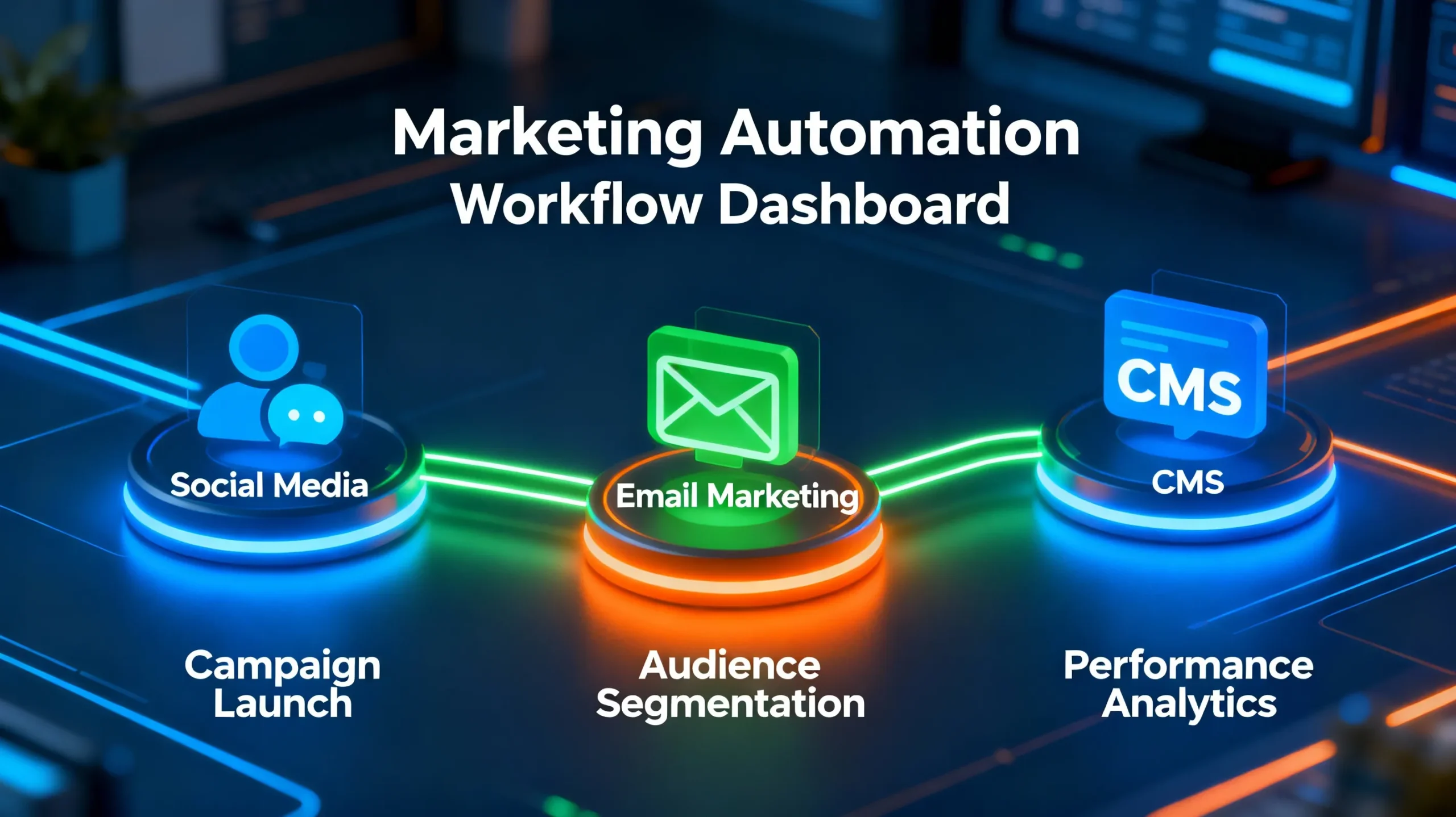 Brightly colored, sleek marketing automation dashboard illustrating connected workflows integrating social media, email, and CMS platforms in a modern user interface