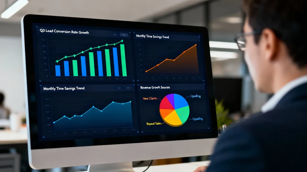 Business analytics screen with colorful bar graphs, line charts, and pie charts showing positive marketing growth metrics and increased conversion rates