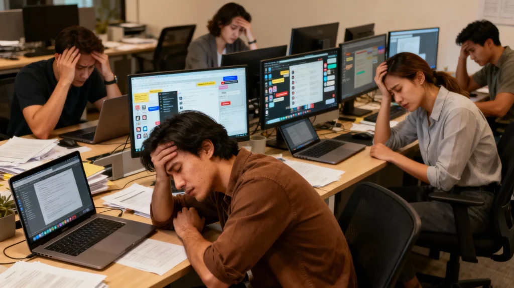 A diverse marketing team in an office showing signs of stress and fatigue while working on laptops with cluttered screens showing repetitive tasks